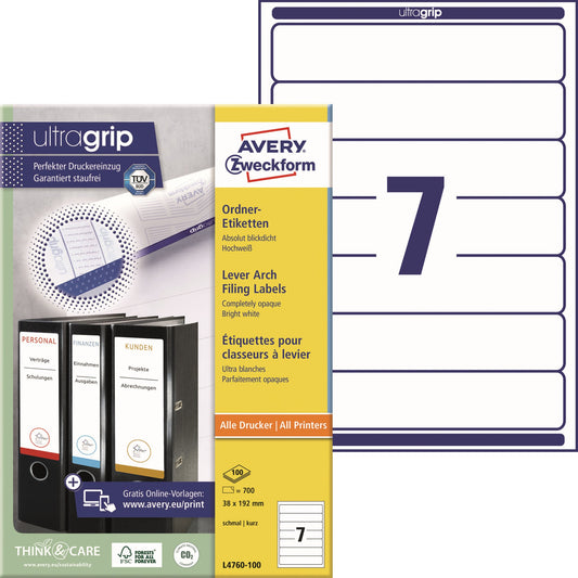 Avery Zweckform Ordnerrückenetikett ultragrip schmal/kurz 38 x 192 mm (B x H) selbstklebend ohne Griffloch weiß 700 Etik./Pack.