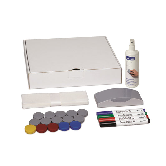 MAUL Starterset Whiteboard 4 Boardmarker (schwarz, rot, blau, grün), 1 Tafelwischer, 10 Blatt Tafelwischer-Vlies, 1 Flasche Whiteboardreiniger 125 ml, 15 Solidmagnete Ø 32 mm (10 grau, 2 rot, 2 blau, 1 gelb)