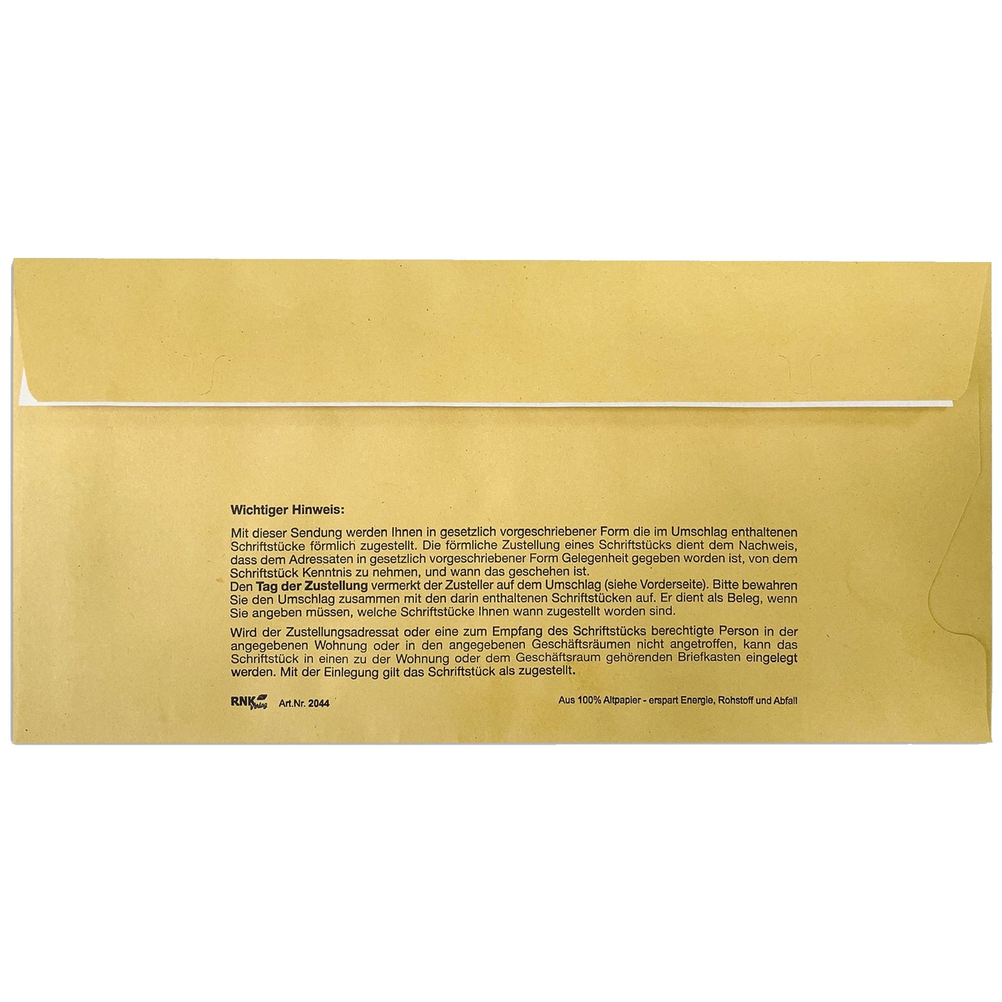 RNK Verlag Zustellungsumschlag DIN lang 220 x 110 mm (B x H) mit Fenster mit Haftklebung Papier, 100 % recycelt recyclinggelb Förmliche Zustellung