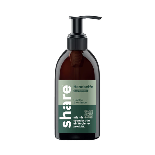 share Flüssigseife Limette & Koriander biologisch abbaubar pH-Wert: 4,3 Ausführung des Behälters: Pumpflasche Material des Behälters: Kunststoff, 100 % recycelt 0,25l