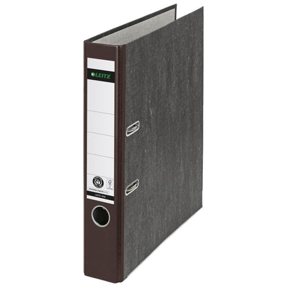 Leitz Ordner 52mm DIN A4 Rückenschild: geklebt mit Schlitzen Werkstoff: Graupappe, recycelt Material außen: Papier, recycelt Material innen: Papier, recycelt braun