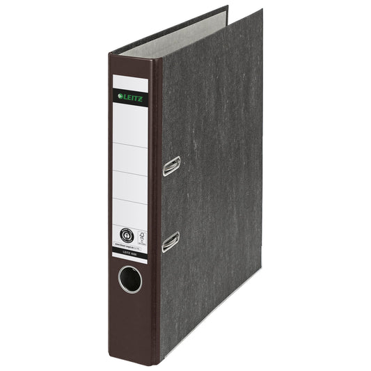 Leitz Ordner 52mm DIN A4 Rückenschild: geklebt mit Schlitzen Werkstoff: Graupappe, recycelt Material außen: Papier, recycelt Material innen: Papier, recycelt braun