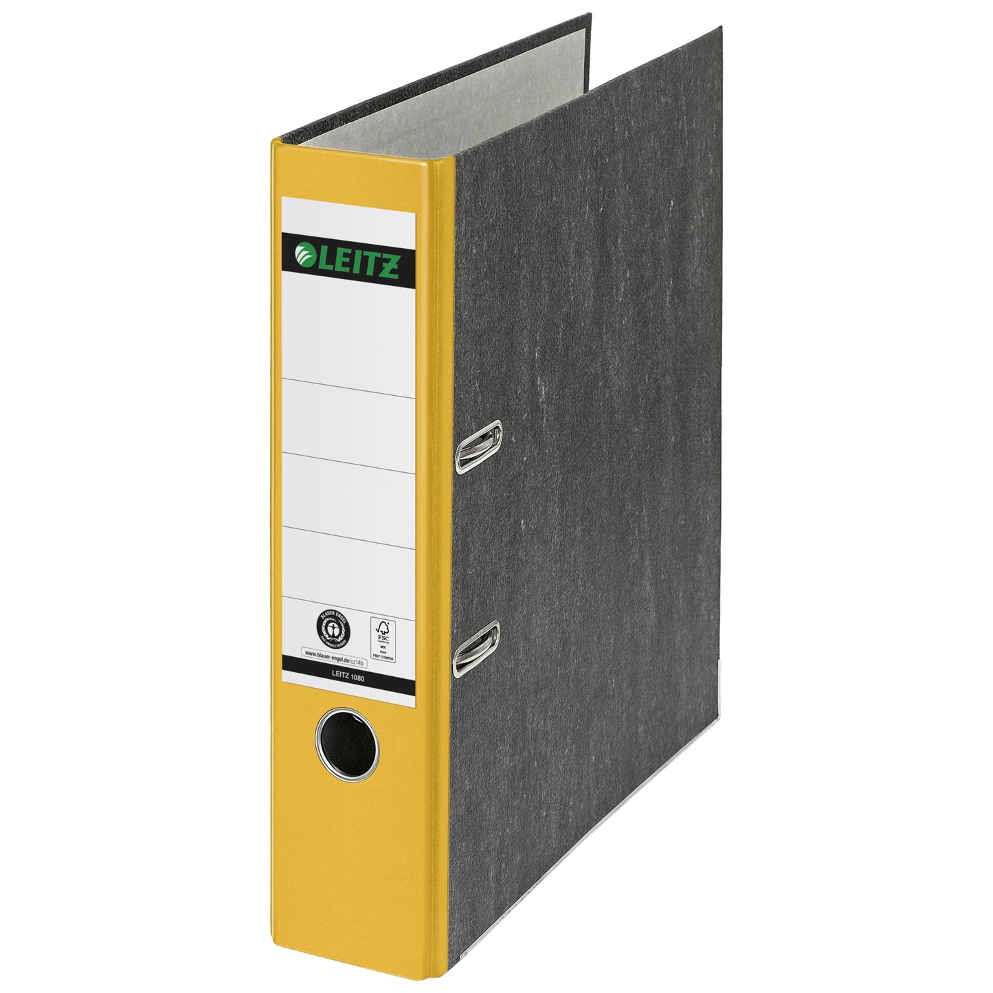 Leitz Ordner 80mm DIN A4 Rückenschild: geklebt mit Schlitzen Werkstoff: Graupappe, recycelt Material außen: Papier, recycelt Material innen: Papier, recycelt gelb