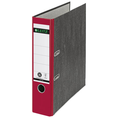 Leitz Ordner 80mm DIN A4 Rückenschild: geklebt mit Schlitzen Werkstoff: Graupappe, recycelt Material außen: Papier, recycelt Material innen: Papier, recycelt rot