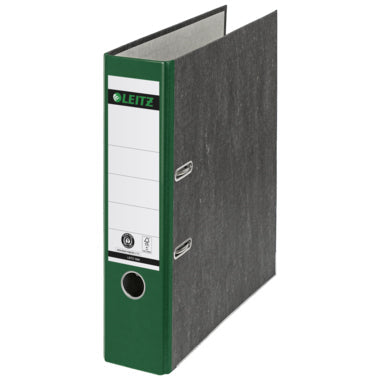 Leitz Ordner 80mm DIN A4 Rückenschild: geklebt mit Schlitzen Werkstoff: Graupappe, recycelt Material außen: Papier, recycelt Material innen: Papier, recycelt grün
