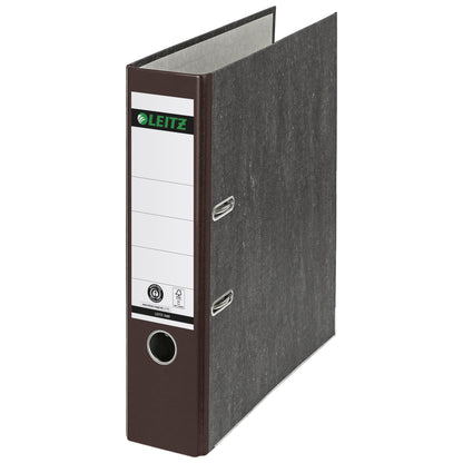 Leitz Ordner 80mm DIN A4 Rückenschild: geklebt mit Schlitzen Werkstoff: Graupappe, recycelt Material außen: Papier, recycelt Material innen: Papier, recycelt braun
