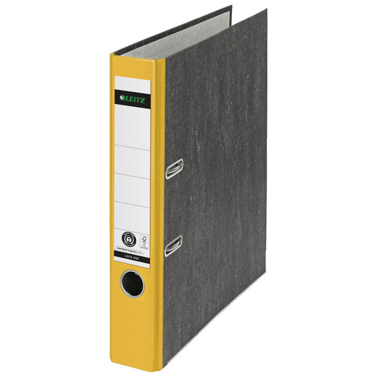 Leitz Ordner 52mm DIN A4 Rückenschild: geklebt mit Schlitzen Werkstoff: Graupappe, recycelt Material außen: Papier, recycelt Material innen: Papier, recycelt gelb