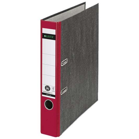Leitz Ordner 52mm DIN A4 Rückenschild: geklebt mit Schlitzen Werkstoff: Graupappe, recycelt Material außen: Papier, recycelt Material innen: Papier, recycelt rot
