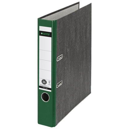 Leitz Ordner 52mm DIN A4 Rückenschild: geklebt mit Schlitzen Werkstoff: Graupappe, recycelt Material außen: Papier, recycelt Material innen: Papier, recycelt grün