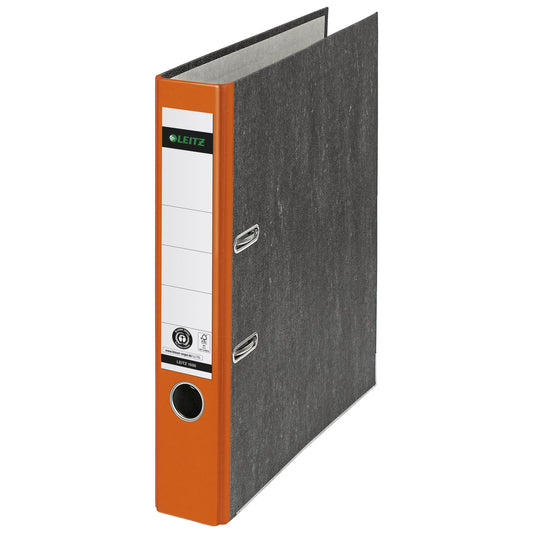 Leitz Ordner 52mm DIN A4 Rückenschild: geklebt mit Schlitzen Werkstoff: Graupappe, recycelt Material außen: Papier, recycelt Material innen: Papier, recycelt orange