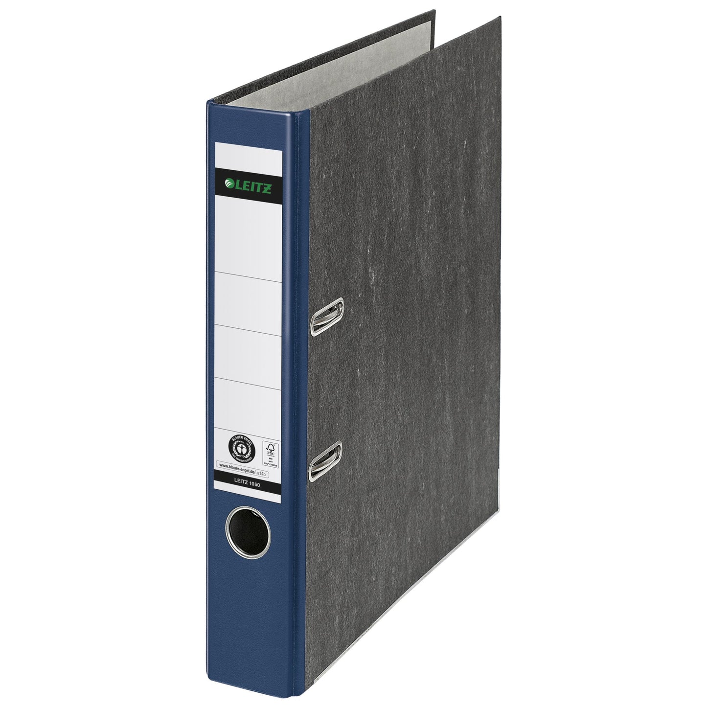 Leitz Ordner 52mm DIN A4 Rückenschild: geklebt mit Schlitzen Werkstoff: Graupappe, recycelt Material außen: Papier, recycelt Material innen: Papier, recycelt blau