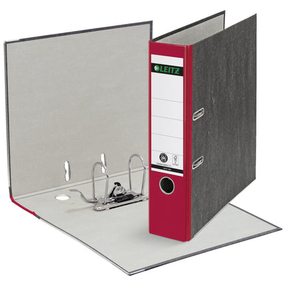 Leitz Ordner 80mm DIN A4 Rückenschild: geklebt mit Schlitzen Werkstoff: Graupappe, recycelt Material außen: Papier, recycelt Material innen: Papier, recycelt rot