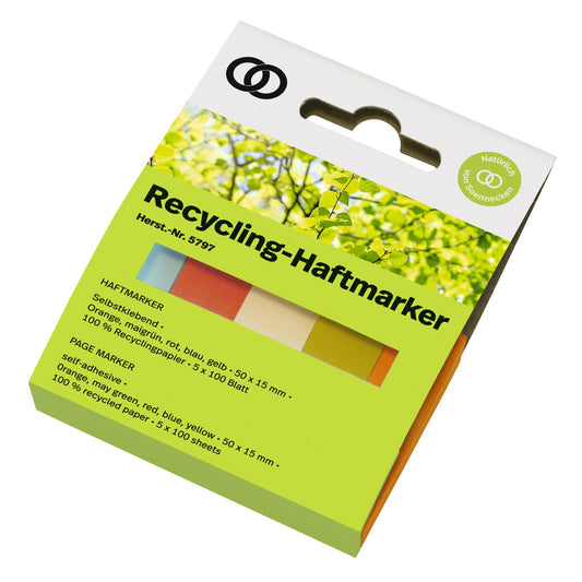 Soennecken Haftmarker oeco Recycling 50 x 15 mm (B x H) orange, maigrün, rot, blau, gelb 100 Bl./Block 5 Block/Pack.