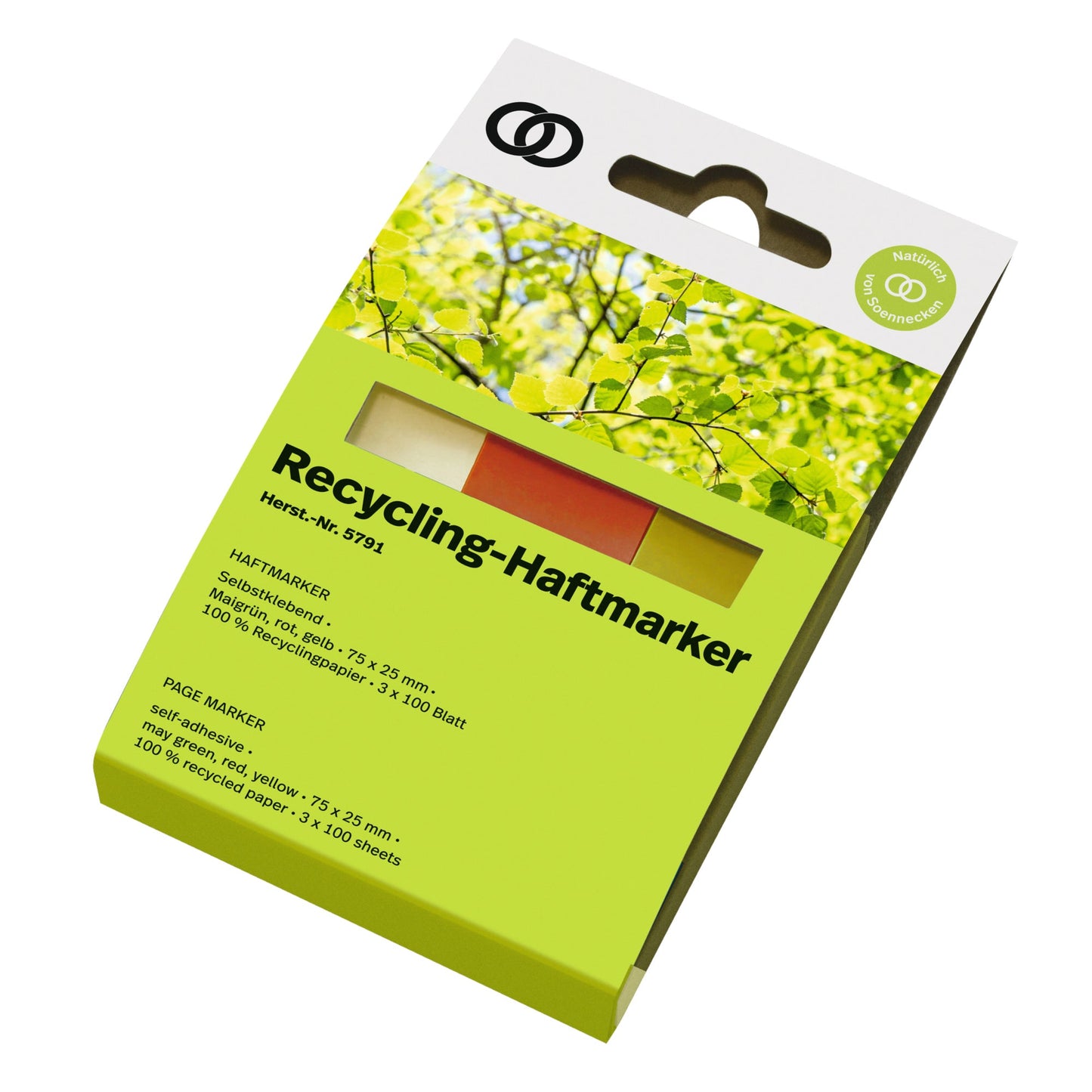 Soennecken Haftmarker oeco Recycling 75 x 25 mm (B x H) maigrün, rot, gelb 100 Bl./Block 3 Block/Pack.