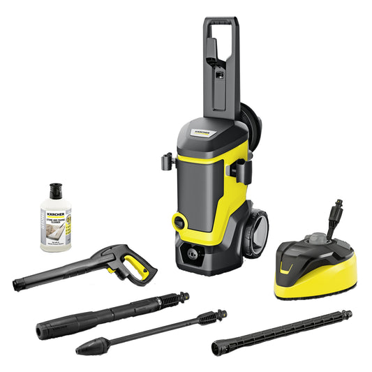 Kärcher Hochdruckreiniger K 7 WCM Premium Home 39,4 x 94,6 x 36,9 cm (B x H x T) 180bar inkl. Flächenreiniger T 5, Stein- und Fassadenreiniger 3in1 (1 Liter), Hochdruckpistole G 180 Q, Dreckfräser, HD-Schlauch (10 m), Adapter Gartenschlauchanschluss A3/4"