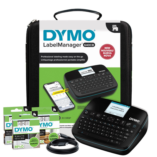 DYMO® Beschriftungsgerät LabelManager® Executive 640 CB 5 Display-Zeilen 9 Schriftgrößen inkl. 3 Schriftbandkassetten (1 x 24 mm x 7 m, 1 x 19 mm x 7 m, 1 x 12 mm x 7 m, schwarz auf weiß), USB-C-Ladekabel