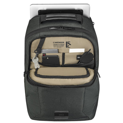 Wenger Notebookrucksack MX ECO Professional Reißverschluss SmartOrg Organizer zur Aufbewahrung von Kabeln, Ladegeräten und Visitenkarten, erweiterbare versteckte Seitentaschen PET, recycelt grau
