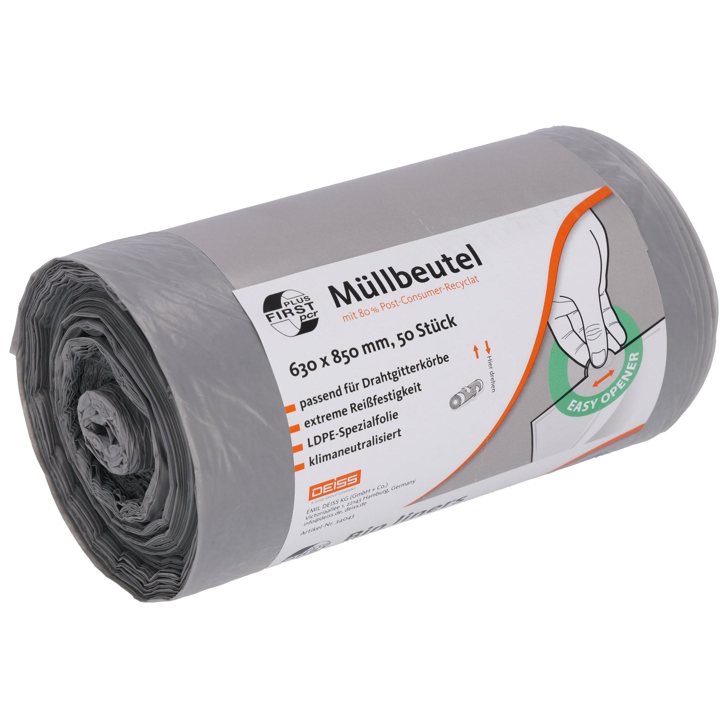 FIRST PLUS Müllsack 83 x 85 cm (B x H) 80l LDPE, 80 % recycelt grau 50 St./Pack.