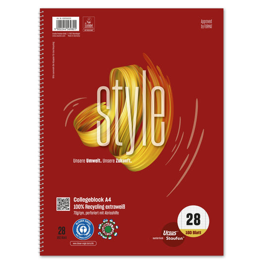 Staufen Collegeblock Style DIN A4 kariert mit Rand innen/außen 70g/m² 100 % Recyclingpapier rot 160 Bl.