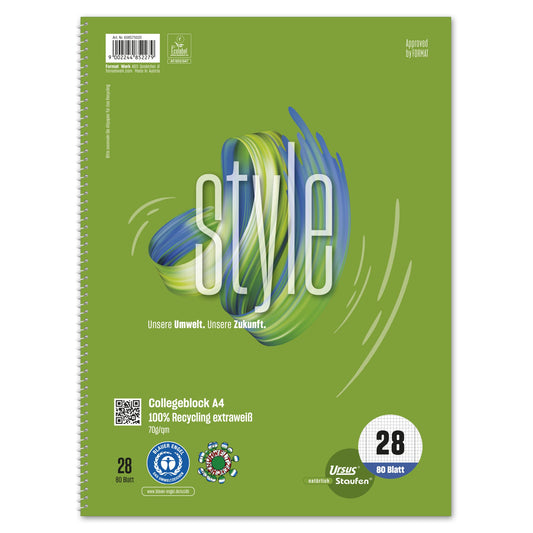 Staufen Collegeblock Style DIN A4 kariert mit Rand innen/außen 70g/m² 100 % Recyclingpapier grün 80 Bl.