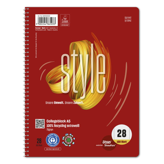 Staufen Collegeblock Style DIN A5 kariert 70g/m² 100 % Recyclingpapier rot 160 Bl.