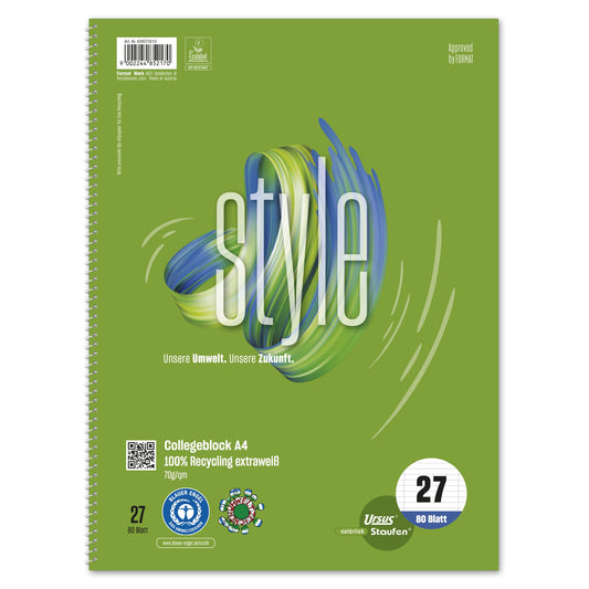 Staufen Collegeblock Style DIN A4 liniert mit Rand innen/außen 70g/m² 100 % Recyclingpapier grün 80 Bl.