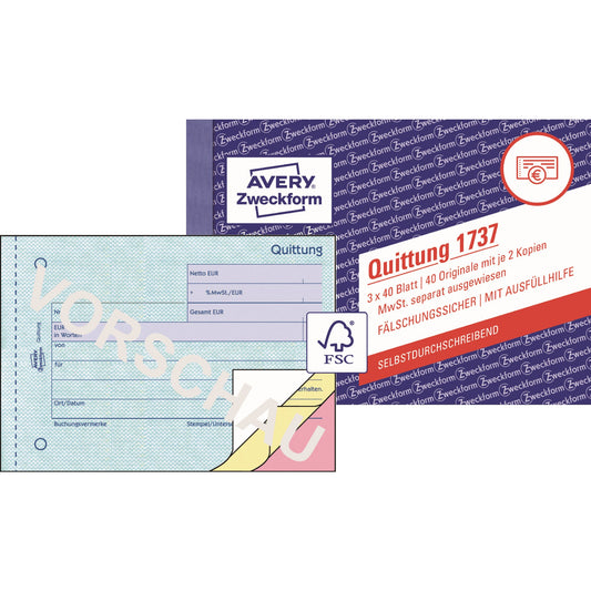 Avery Zweckform Quittung 1737 DIN A6 quer selbstdurchschreibend 2 Durchschläge 3 x 40 Bl.