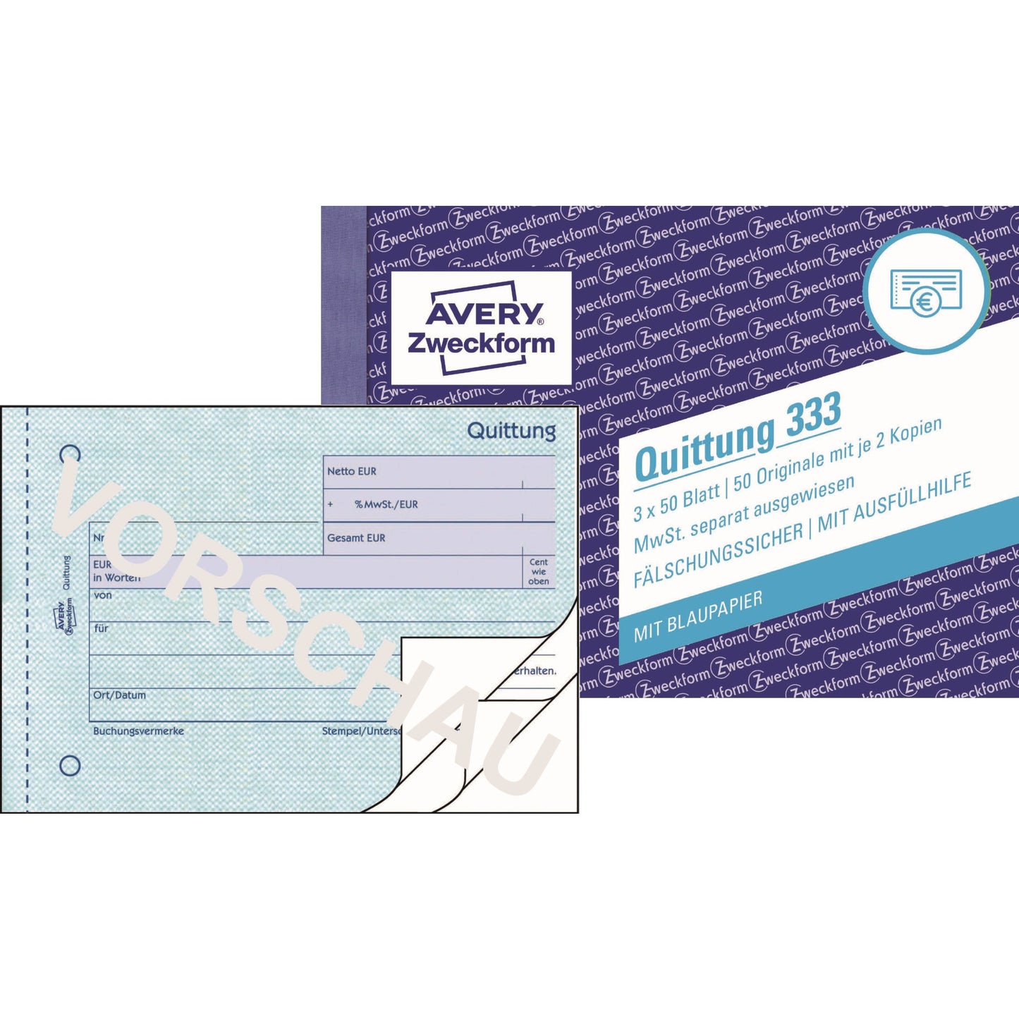 Avery Zweckform Quittung 333 DIN A6 quer nicht selbstdurchschreibend 2 Durchschläge 3 x 50 Bl.