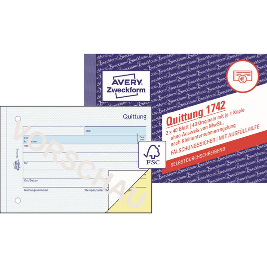 Avery Zweckform Quittung 1742 DIN A6 quer selbstdurchschreibend 1 Durchschlag 2 x 40 Bl.