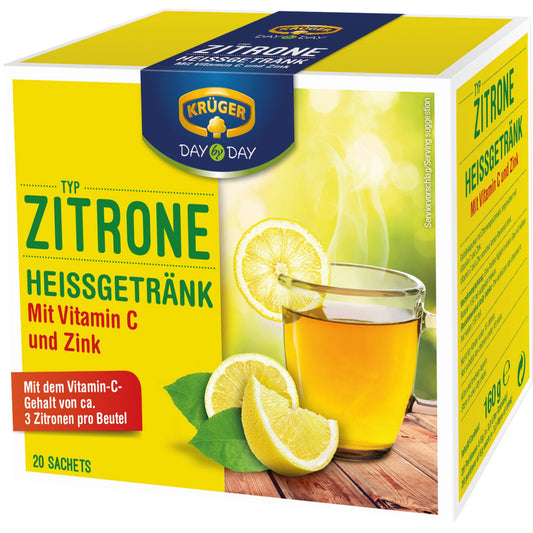 KRÜGER DAY by DAY Nahrungsergänzungsmittel Heißgetränk Vitamin C, Zink Zitrone 20 x 8 g/Pack.