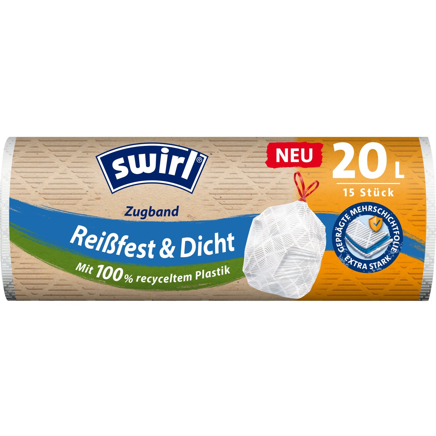 Swirl Müllbeutel 45 x 50 cm (B x H) 20l Plastik, 100 % recycelt weiß 15 St./Pack.