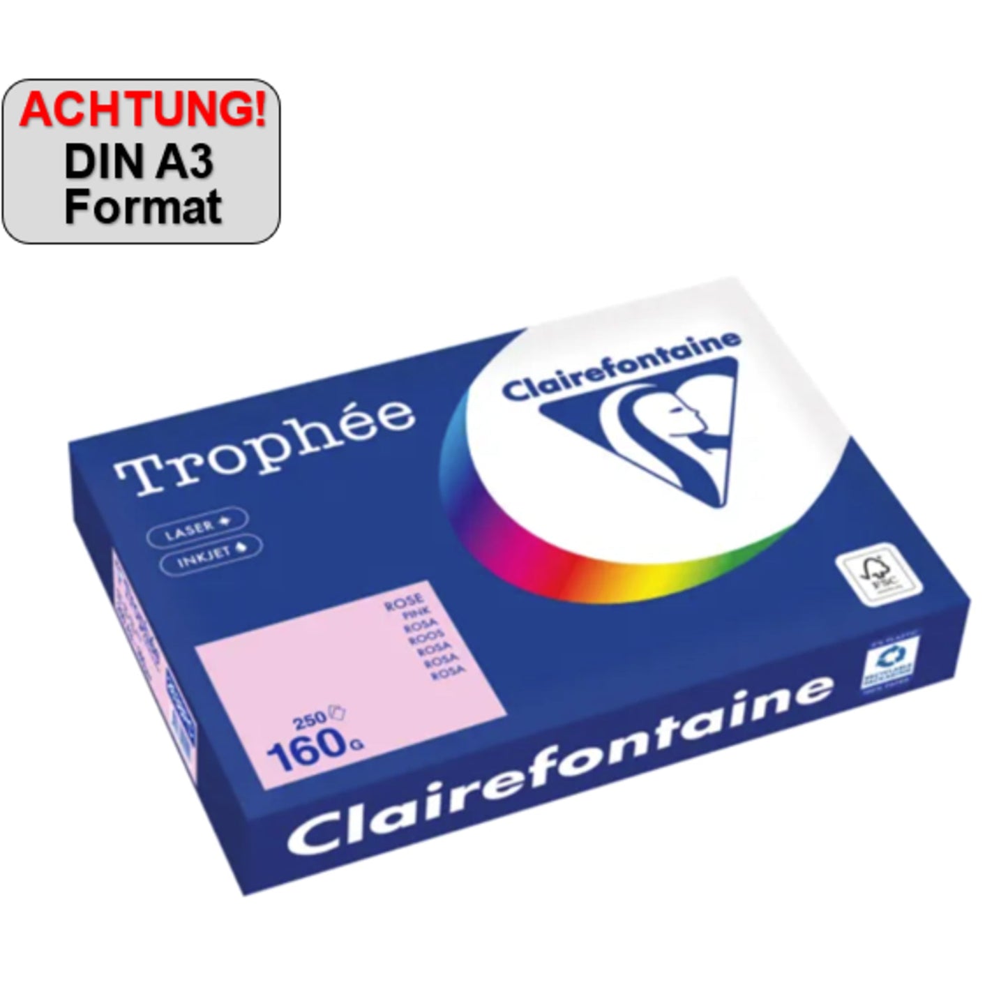 Clairefontaine Kopierpapier Trophée Color DIN A3 160g/m² elementar chlorfrei gebleicht, holzfrei rosa 250 Bl./Pack.