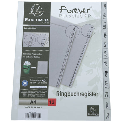 Exacompta Monatsregister Forever® 22,5 x 29,7 cm (B x H) DIN A4 Jan.-Dez. Polypropylen grau 12 Registerblätter