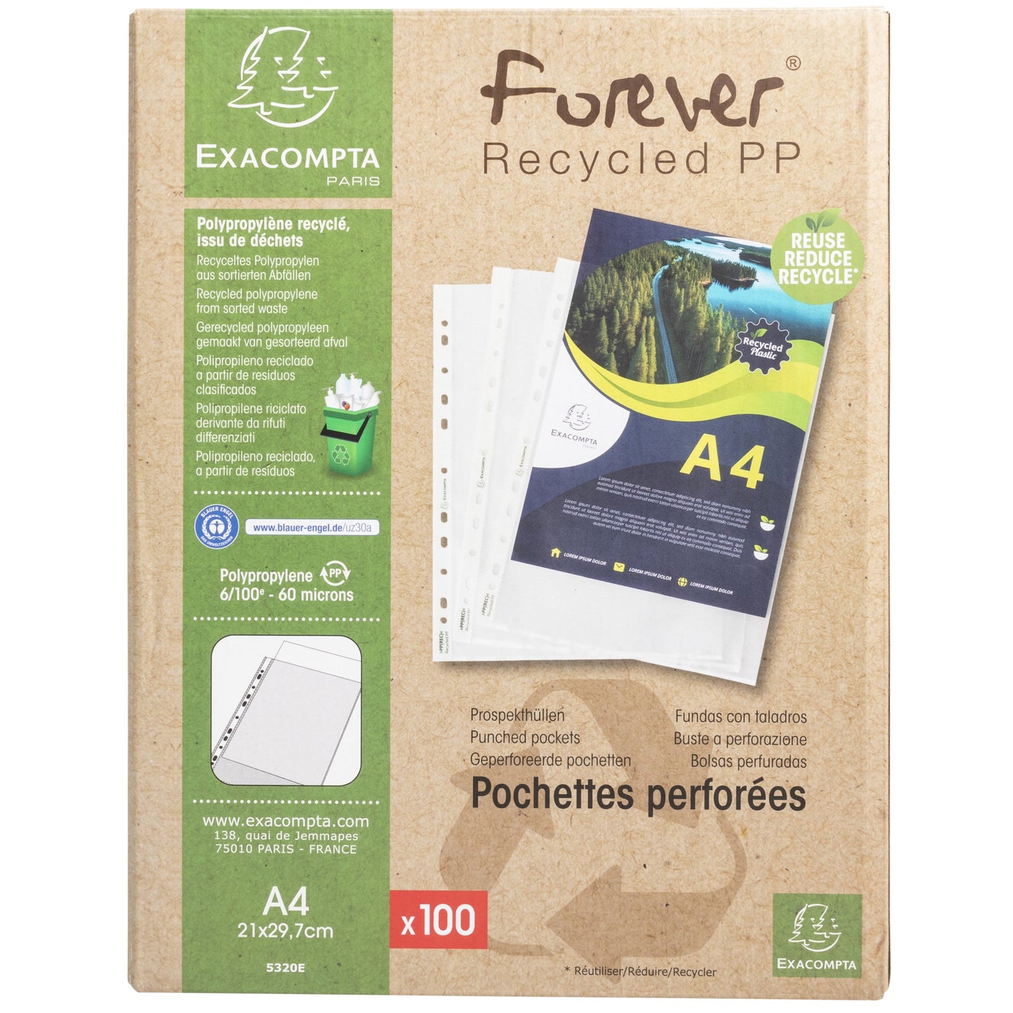 Exacompta Prospekthülle Forever® DIN A4 60µm oben offen Polypropylen, recycelt transparent 100 St./Pack.