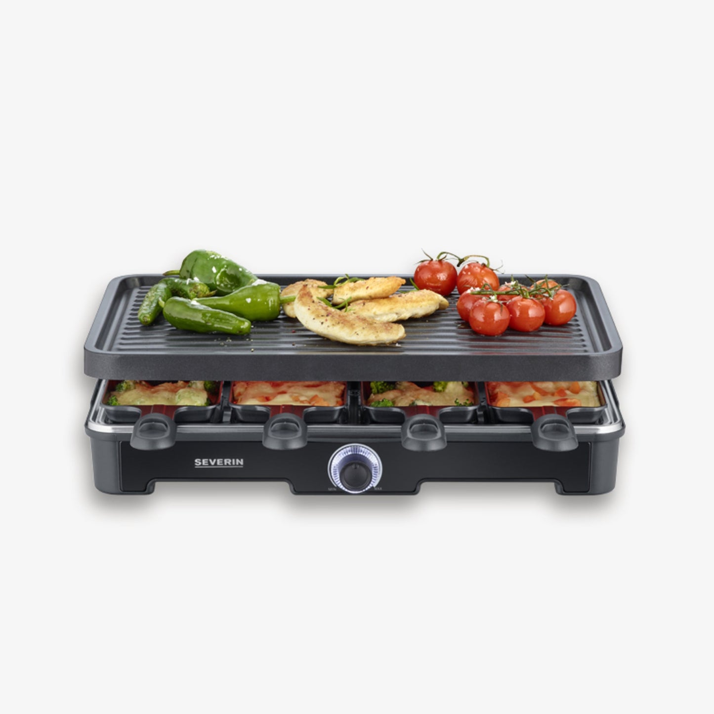 SEVERIN Raclette Grill 9670 Maße: 42 x 12 x 28 cm (B x H x T) Maße der Grillfläche: 42 x 26 cm (B x T) 1.400W inkl. 8 Pfännchen, 8 Spatel Kunststoff