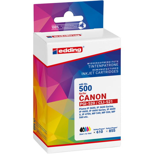 edding Tintenpatrone kein Originalzubehör Kompatibel mit: Canon PGI-520/CLI-521 EDD-500 1 x 610 Seiten schwarz, 3 x 855 Seiten farbig schwarz, mehrfarbig 5 St./Pack.