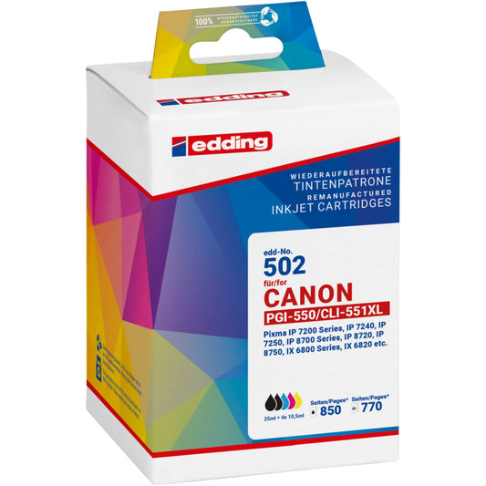 edding Tintenpatrone kein Originalzubehör Kompatibel mit: Canon PGI-550XL/CLI-551XL EDD-502 ca. 850 Seiten schwarz, ca. 3 x 770 Seiten farbig schwarz, mehrfarbig 5 St./Pack.