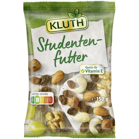 KLUTH Studentenfutter Cashewkernen, Mandeln, Mandeln (blanchiert), Römer- Haselnusskerne, Walnusskernen, Weinbeeren (getrocknet) 150 g/Pack.