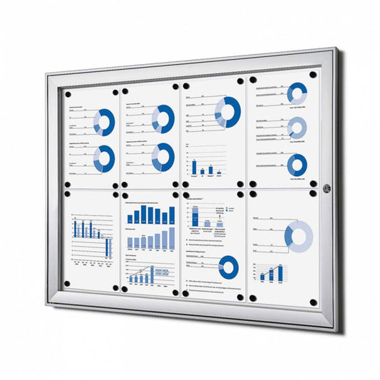 Showdown® Displays Schaukasten Innenbereich, regengeschützter Außenbereich 96,1 x 69,6 x 2,3 cm (B x H x T) 8 x DIN A4 mit Schloss Aluminium silber