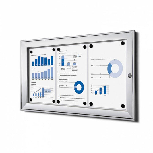 Showdown® Displays Schaukasten Innenbereich, regengeschützter Außenbereich 74,1 x 38,8 x 2,3 cm (B x H x T) 3 x DIN A4 mit Schloss Aluminium silber