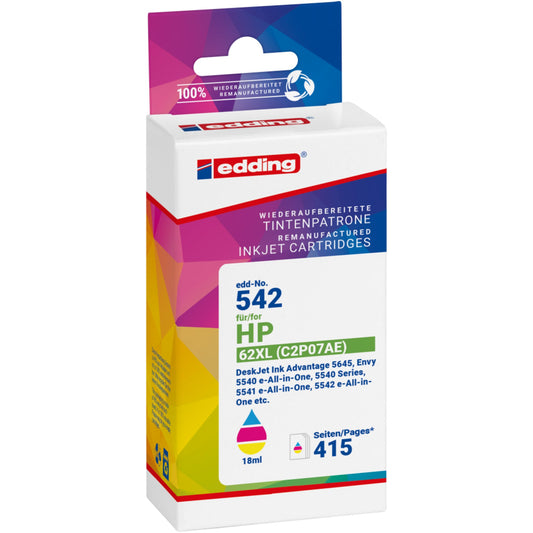 edding Tintenpatrone kein Originalzubehör Kompatibel mit: HP 62XL EDD-542 ca. 765 Seiten mehrfarbig 21ml