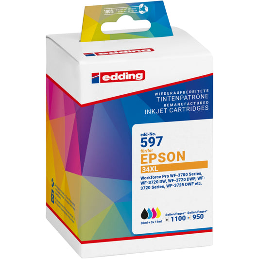 edding Tintenpatrone kein Originalzubehör Kompatibel mit: Epson 34XL EDD-597 ca. 1.100 Seiten schwarz, ca. 3 x 950 Seiten farbig schwarz, mehrfarbig 4 St./Pack.