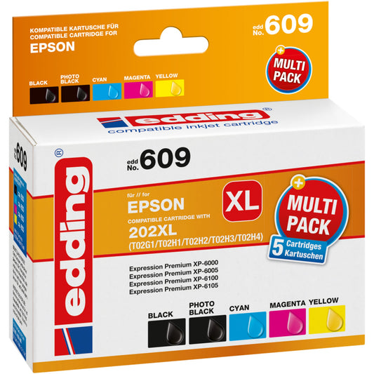edding Tintenpatrone kein Originalzubehör Kompatibel mit: Epson 202XL EDD-609 ca. 550 Seiten schwarz, ca. 3 x 650 Seiten farbig schwarz, mehrfarbig 5 St./Pack.