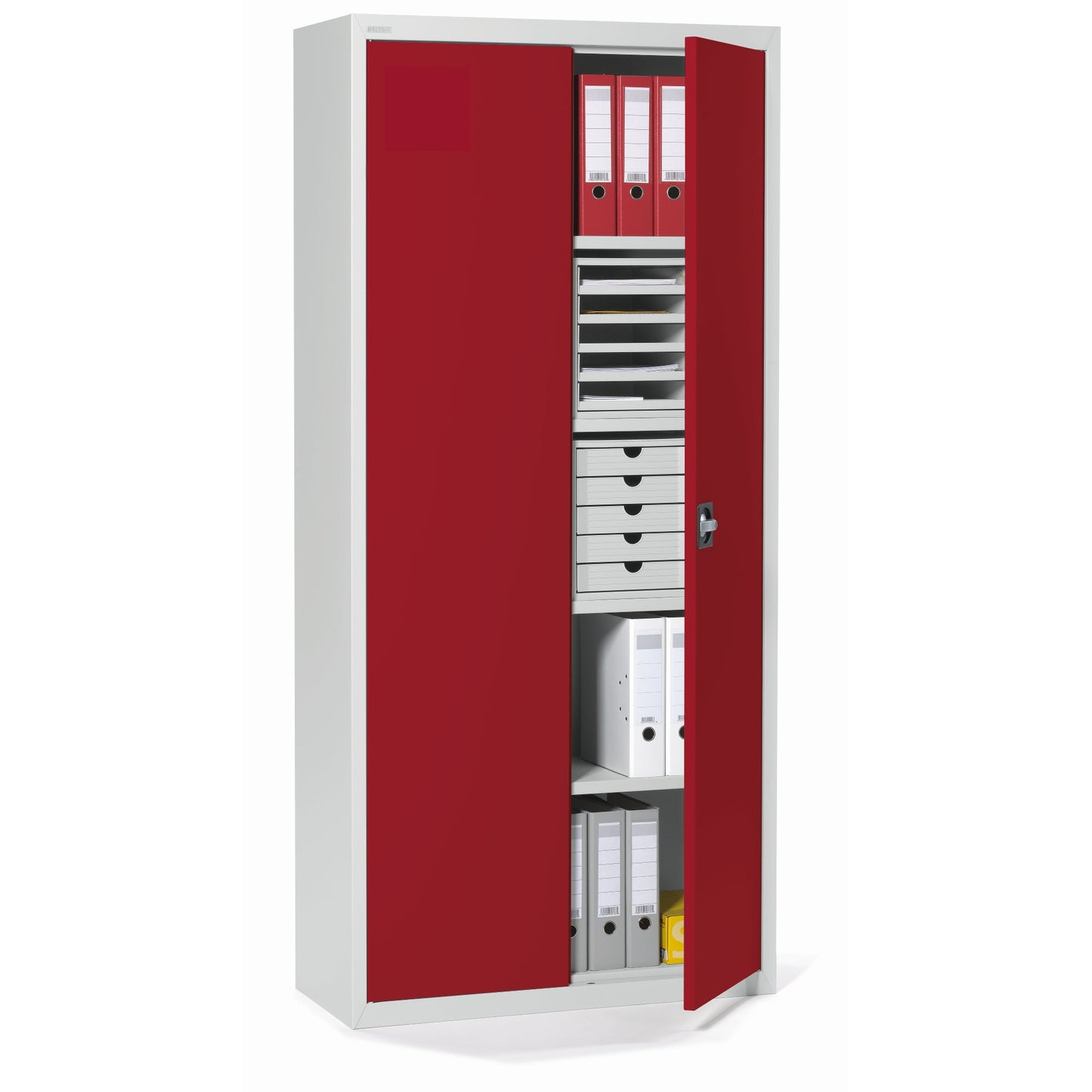 Flügeltürenschrank 920 x 1.950 x 420 mm (B x H x T) 4 Fachböden Stahl, pulverbeschichtet Farbe der Front: rubinrot Farbe des Korpus: lichtgrau