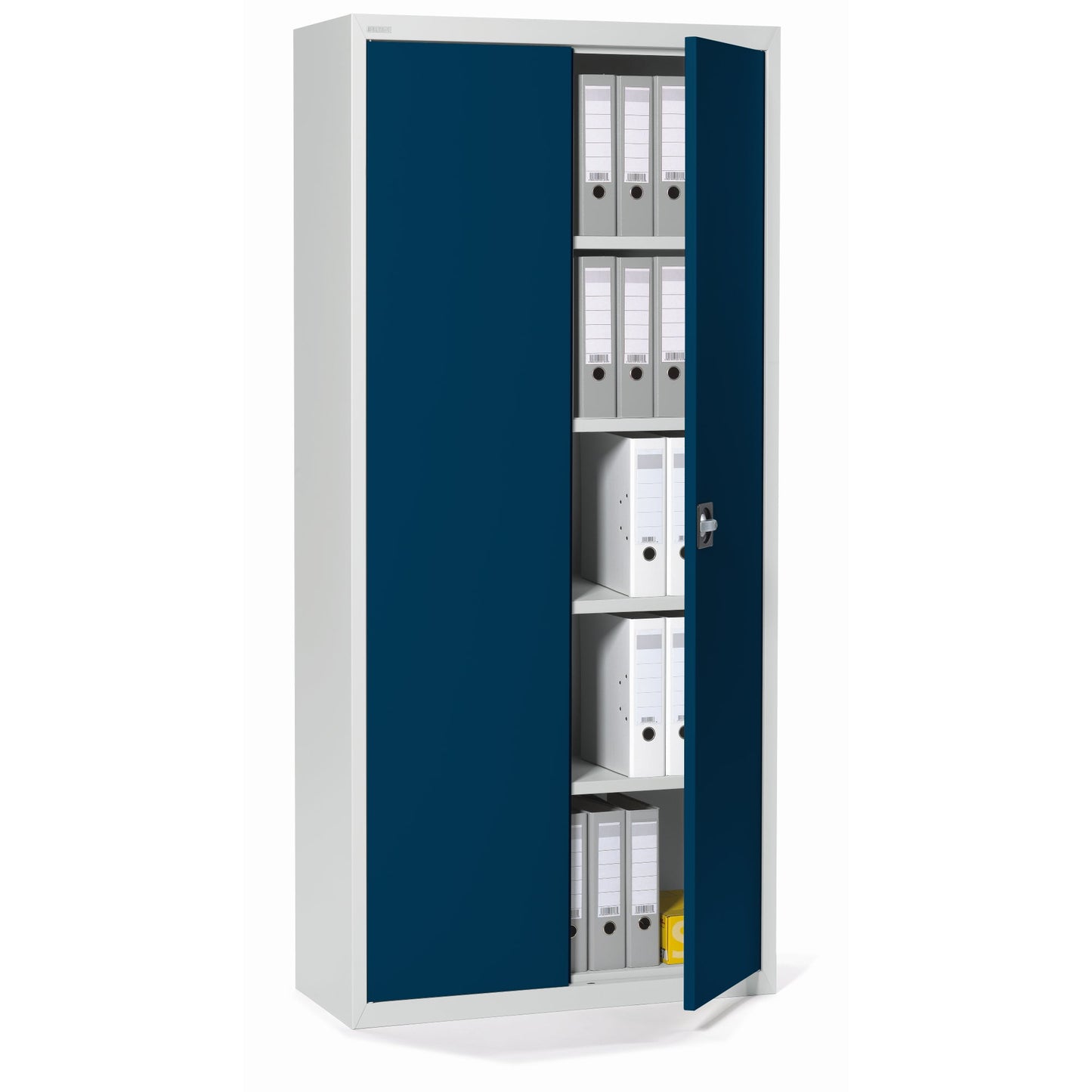 Flügeltürenschrank 920 x 1.950 x 420 mm (B x H x T) 4 Fachböden Stahl, pulverbeschichtet Farbe der Front: stahlblau Farbe des Korpus: lichtgrau