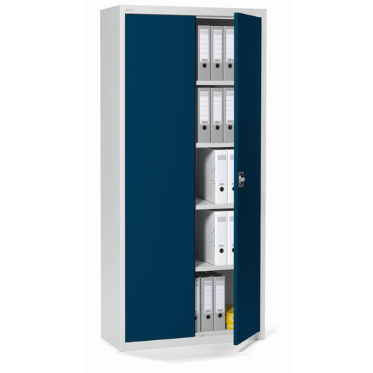 Flügeltürenschrank 920 x 1.950 x 420 mm (B x H x T) 4 Fachböden Stahl, pulverbeschichtet Farbe der Front: stahlblau Farbe des Korpus: lichtgrau