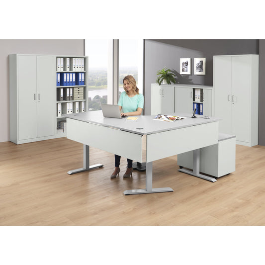 Schreibtisch FLEX MODUL Maße: 1.800/800 x 605-1.255 x 1.400/800 mm (B x H x T) Holz lichtgrau