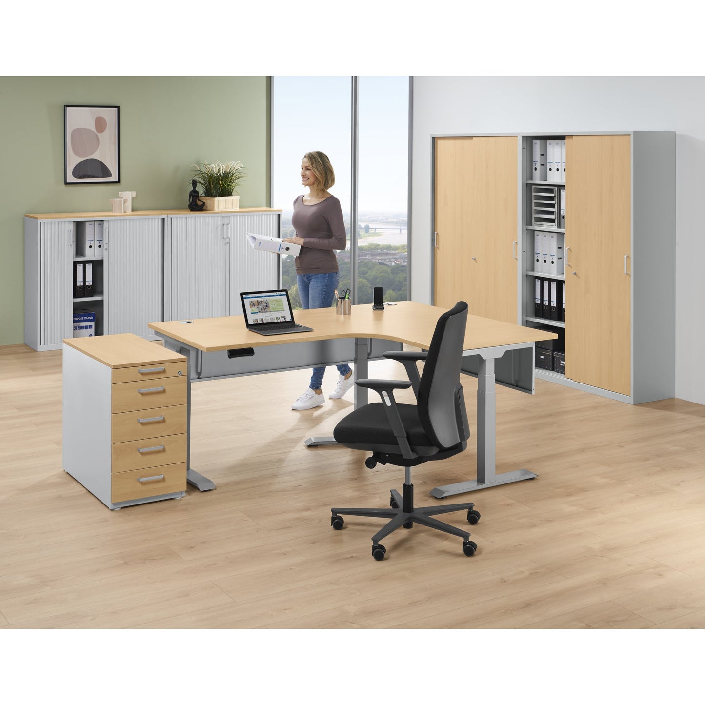 Schreibtisch FLEX MODUL Maße: 1.800/800 x 605-1.255 x 1.400/800 mm (B x H x T) Holz buche