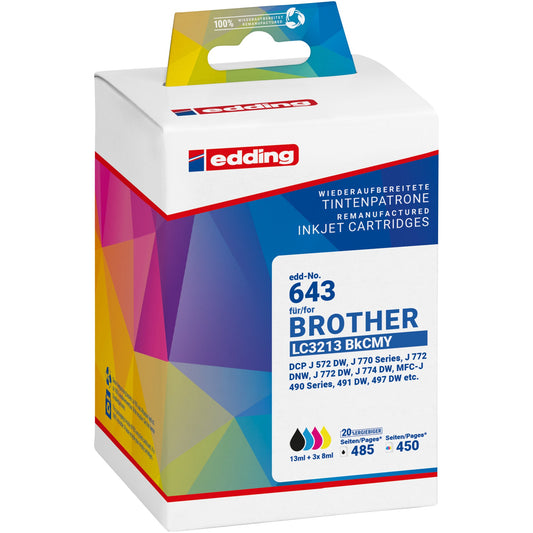 edding Tintenpatrone kein Originalzubehör Kompatibel mit: Brother LC-3213 EDD-643 ca. 485 Seiten schwarz, ca. 3 x 450 Seiten farbig schwarz, mehrfarbig 4 St./Pack.