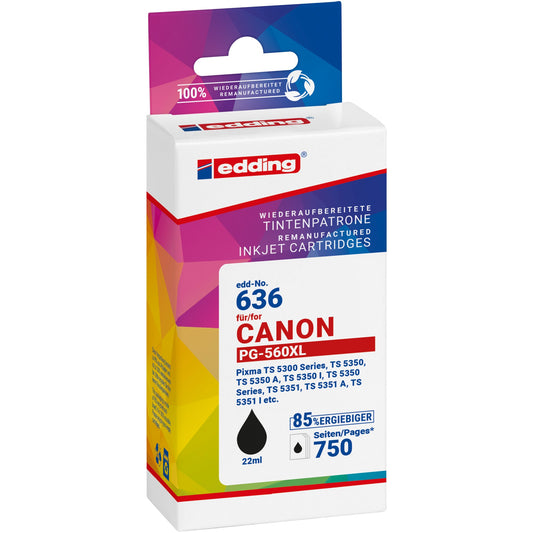 edding Tintenpatrone kein Originalzubehör Kompatibel mit: Canon PG-560XL EDD-636 ca. 750 Seiten schwarz 22ml